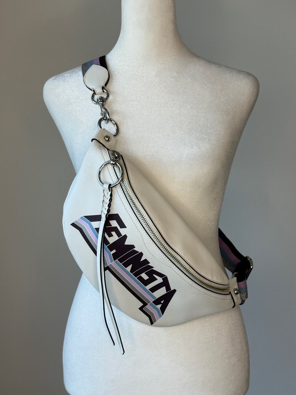 Rebecca Minkoff White Feminista Striped Strap Belt Bag Crossbody